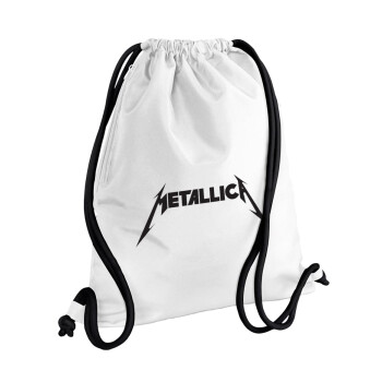 Metallica logo, Τσάντα πλάτης πουγκί GYMBAG λευκή, με τσέπη (40x48cm) & χονδρά κορδόνια