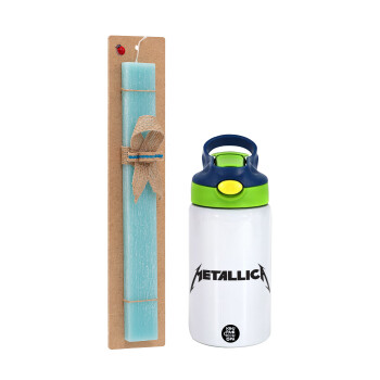 Metallica logo, Πασχαλινό Σετ, Παιδικό παγούρι θερμό, ανοξείδωτο, με καλαμάκι ασφαλείας, πράσινο/μπλε (350ml) & πασχαλινή λαμπάδα αρωματική πλακέ (30cm) (ΤΙΡΚΟΥΑΖ)