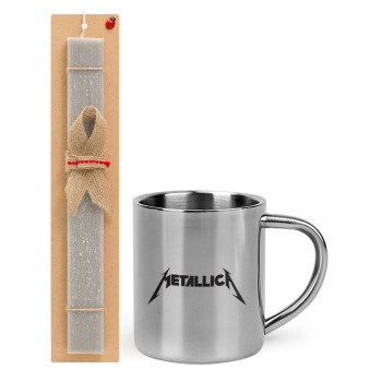 Metallica logo, Πασχαλινό Σετ, μεταλλική κούπα θερμό (300ml) & πασχαλινή λαμπάδα αρωματική πλακέ (30cm) (ΓΚΡΙ)