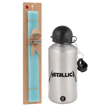 Metallica logo, Πασχαλινό Σετ, παγούρι μεταλλικό Ασημένιο αλουμινίου (500ml) & πασχαλινή λαμπάδα αρωματική πλακέ (30cm) (ΤΙΡΚΟΥΑΖ)