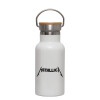 Metallic thermos (Stainless steel) White with wooden lid (bamboo), double-walled, 350ml