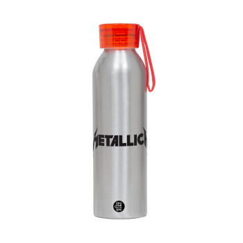 Metallica, Αλουμινένιο Αθλητικό Μπουκάλι 650ml – Ασημί με Κόκκινο Καπάκι και Λουράκι Σιλικόνης