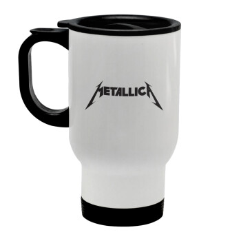 Metallica logo, Κούπα ταξιδιού ανοξείδωτη με καπάκι, διπλού τοιχώματος (θερμό) λευκή 450ml