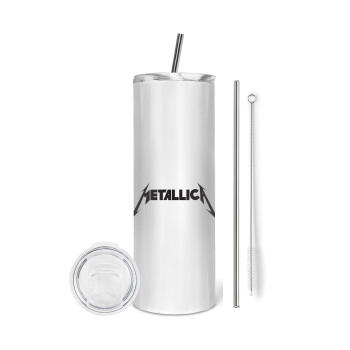 Metallica logo, Eco friendly ποτήρι θερμό (tumbler) από ανοξείδωτο ατσάλι 600ml, με μεταλλικό καλαμάκι & βούρτσα καθαρισμού