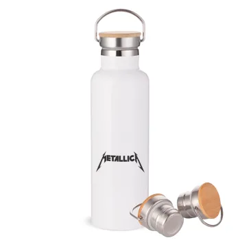 Metallica, Μεταλλικό παγούρι θερμός (Stainless steel) Λευκό με ξύλινο καπάκι (bamboo), διπλού τοιχώματος, 750ml