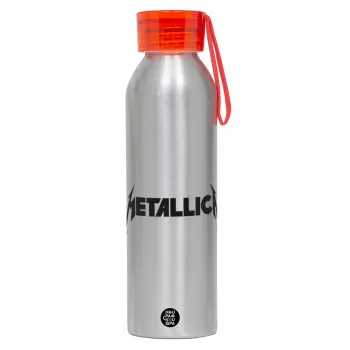 Metallica, Αλουμινένιο Αθλητικό Μπουκάλι 650ml – Ασημί με Κόκκινο Καπάκι και Λουράκι Σιλικόνης