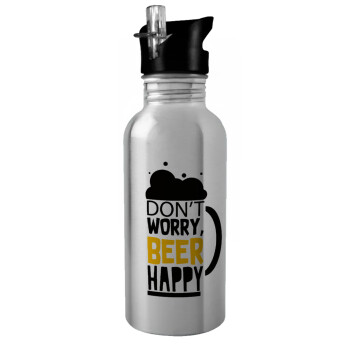 Don't worry BEER Happy, Water bottle Silver with straw, stainless steel 600ml