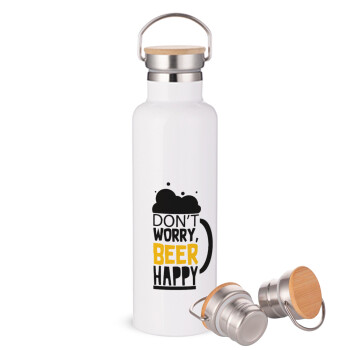 Don't worry BEER Happy, Stainless steel White with wooden lid (bamboo), double wall, 750ml