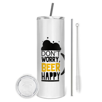 Don't worry BEER Happy, Eco friendly stainless steel tumbler 600ml, with metal straw & cleaning brush