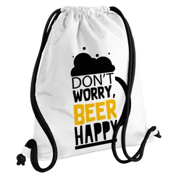 Don't worry BEER Happy, Backpack pouch GYMBAG white, with pocket (40x48cm) & thick cords