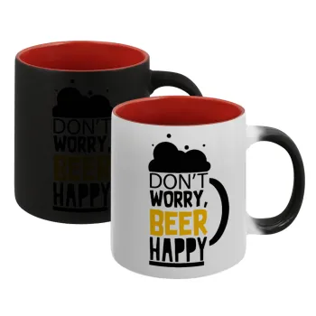 Don't worry BEER Happy, Κούπα Μαγική εσωτερικό κόκκινο, κεραμική, 330ml που αλλάζει χρώμα με το ζεστό ρόφημα