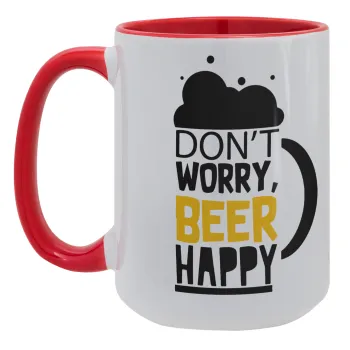 Don't worry BEER Happy, Κούπα Mega 15oz, κεραμική Κόκκινη, 450ml