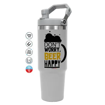 Don't worry BEER Happy, GREY color, 890ml (30oz) stainless Steel Tumbler with Handle