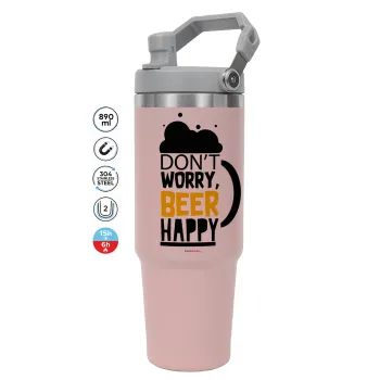 Don't worry BEER Happy, Pink color, 890ml (30oz) stainless Steel Tumbler with Handle