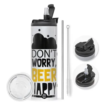 Don't worry BEER Happy, Travel Tumbler θερμό με διπλό καπάκι, μεταλλικό καλαμάκι και βούρτσα καθαρισμού (Ανωξείδωτο 304 Food grade, BPA free, 600ml)