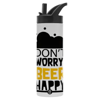 Don't worry BEER Happy, Metallic thermos bottle with straw & handle, stainless steel (Stainless steel 304), double-walled, 600ml.