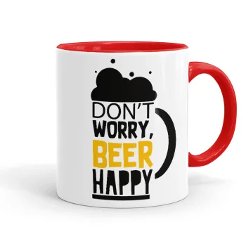 Don't worry BEER Happy, Κούπα χρωματιστή κόκκινη, κεραμική, 330ml