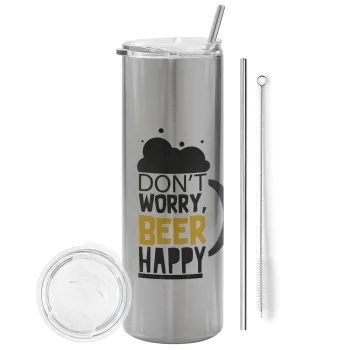 Don't worry BEER Happy, Tumbler ποτήρι θερμό Ασημένιο από ανοξείδωτο ατσάλι 600ml, με μεταλλικό καλαμάκι & βούρτσα καθαρισμού
