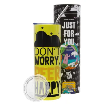 Don't worry BEER Happy, Neon Yellow Travel Tumbler θερμό, μεταλλικό καλαμάκι(Ανωξείδωτο 304 Food grade, BPA free, 600ml)