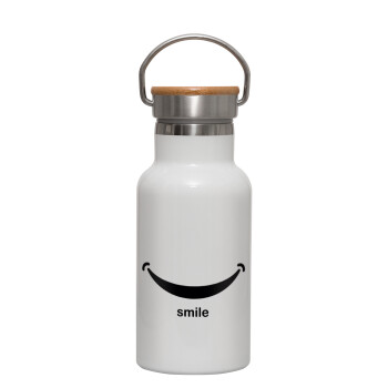 Smile!!!, Μεταλλικό παγούρι θερμός (Stainless steel) Λευκό με ξύλινο καπακι (bamboo), διπλού τοιχώματος, 350ml