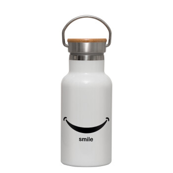 Smile!!!, Metallic thermos (Stainless steel) White with wooden lid (bamboo), double-walled, 350ml