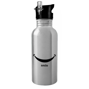Smile!!!, Water bottle Silver with straw, stainless steel 600ml