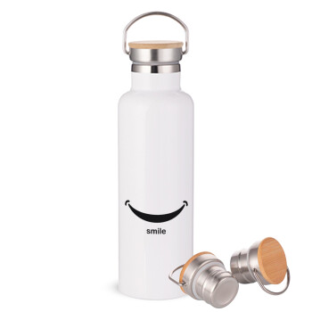 Smile!!!, Stainless steel White with wooden lid (bamboo), double wall, 750ml