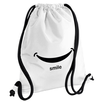 Smile!!!, Backpack pouch GYMBAG white, with pocket (40x48cm) & thick cords