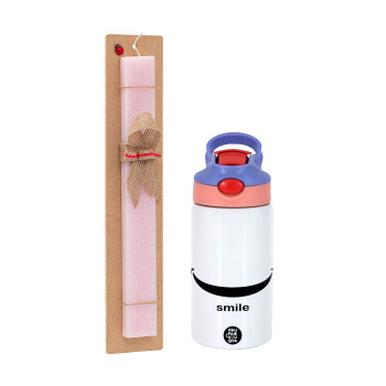 Smile!!!, Easter Set, Children's thermal stainless steel water bottle with safety straw, pink/purple (350ml) & Easter scented flat candle (30cm) (PINK)