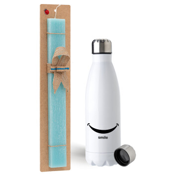 Smile!!!, Easter Set, metallic stainless steel water bottle (750ml) & aromatic flat Easter candle (30cm) (TURQUOISE)
