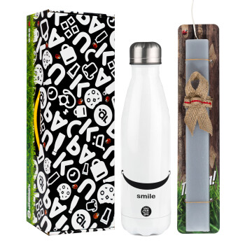 Smile!!!, Easter candle, metallic white thermos bottle (500ml) & aromatic flat candle (30cm) (GRAY)