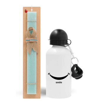 Smile!!!, Easter Set, metallic aluminum water bottle (500ml) & scented flat candle (30cm) (TURQUOISE)