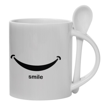 Smile!!!, Ceramic coffee mug with Spoon, 330ml (1pcs)
