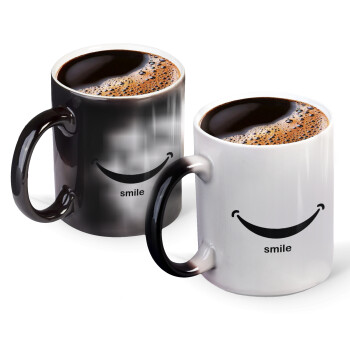 Smile!!!, Color changing magic Mug, ceramic, 330ml when adding hot liquid inside, the black colour desappears (1 pcs)