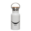 Metallic thermos (Stainless steel) White with wooden lid (bamboo), double-walled, 350ml