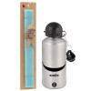 Easter Set, metallic silver aluminum water bottle (500ml) & scented flat Easter candle (30cm) (TURQUOISE)