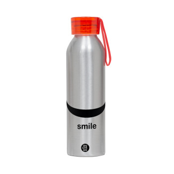 Smile!!!, Αλουμινένιο Αθλητικό Μπουκάλι 650ml – Ασημί με Κόκκινο Καπάκι και Λουράκι Σιλικόνης
