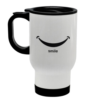 Smile!!!, Κούπα ταξιδιού ανοξείδωτη με καπάκι, διπλού τοιχώματος (θερμό) λευκή 450ml