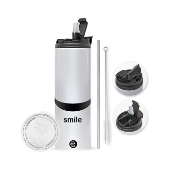 Smile!!!, Travel Tumbler 2 Lids, with metal straw & cleaning brush (Stainless steel 304 Food grade, BPA free, 600ml)