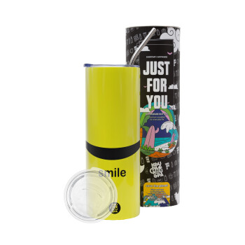 Smile!!!, Neon Yellow Travel Tumbler, with metal straw (Stainless steel 304 Food grade, BPA free, 600ml)