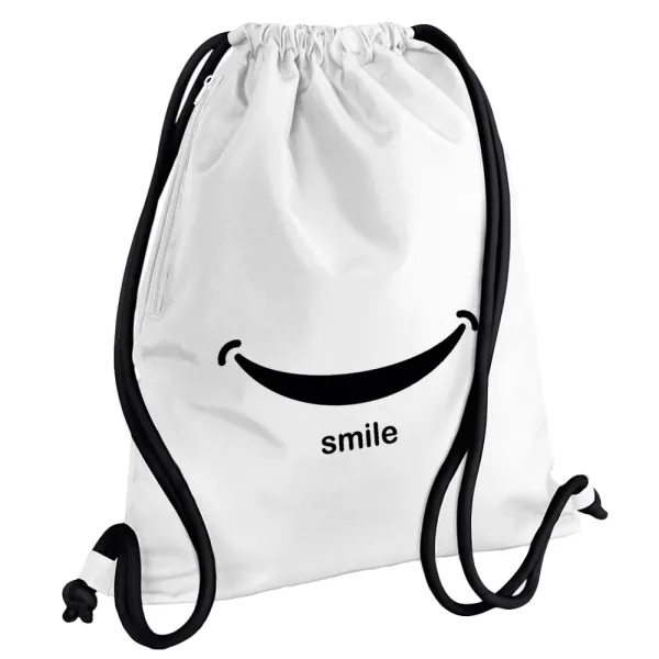 Smile!!! — Τσάντα πλάτης πουγκί GYMBAG λευκή, με τσέπη (40x48cm) & χονδρά κορδόνια