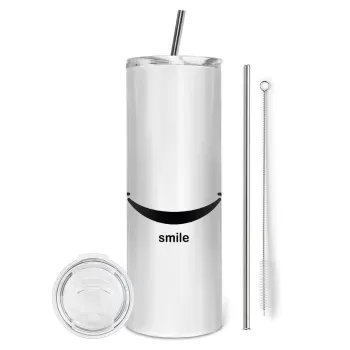Smile!!!, Tumbler ποτήρι θερμό από ανοξείδωτο ατσάλι 600ml, με μεταλλικό καλαμάκι & βούρτσα καθαρισμού