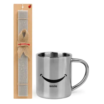 Smile!!!, Πασχαλινή Λαμπάδα με μεταλλική κούπα θερμό (300ml) & κερί αρωματικό πλακέ (30cm) (ΓΚΡΙ)