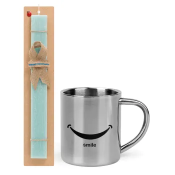 Smile!!!, Easter Set, metallic thermal cup (300ml) & aromatic flat Easter candle (30cm) (TURQUOISE)