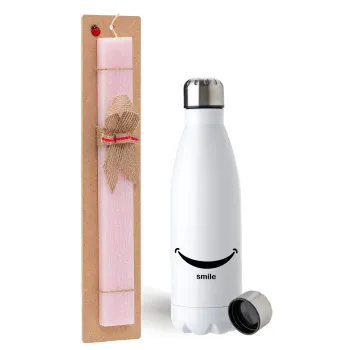 Smile!!!, Easter Set, metallic stainless steel water bottle (750ml) & scented flat Easter candle (30cm) (PINK)