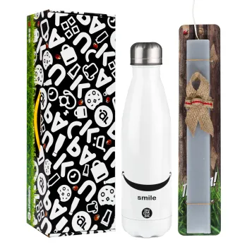 Smile!!!, Easter candle, metallic white thermos bottle (500ml) & aromatic flat candle (30cm) (GRAY)