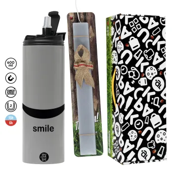 Smile!!!, Πασχαλινή Λαμπάδα με Travel Tumbler θερμό (600ml, BPA free) & κερί αρωματικό πλακέ (30cm) (ΓΚΡΙ)