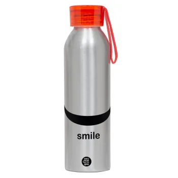 Smile!!!, Αλουμινένιο Αθλητικό Μπουκάλι 650ml – Ασημί με Κόκκινο Καπάκι και Λουράκι Σιλικόνης
