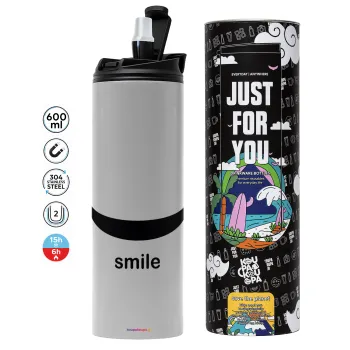 Smile!!!, Tumbler ποτήρι θερμό ΓΚΡΙ από ανοξείδωτο ατσάλι 600ml
