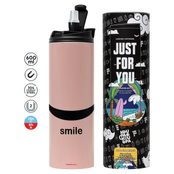 Smile!!!, Tumbler ποτήρι θερμό ΡΟΖ από ανοξείδωτο ατσάλι 600ml